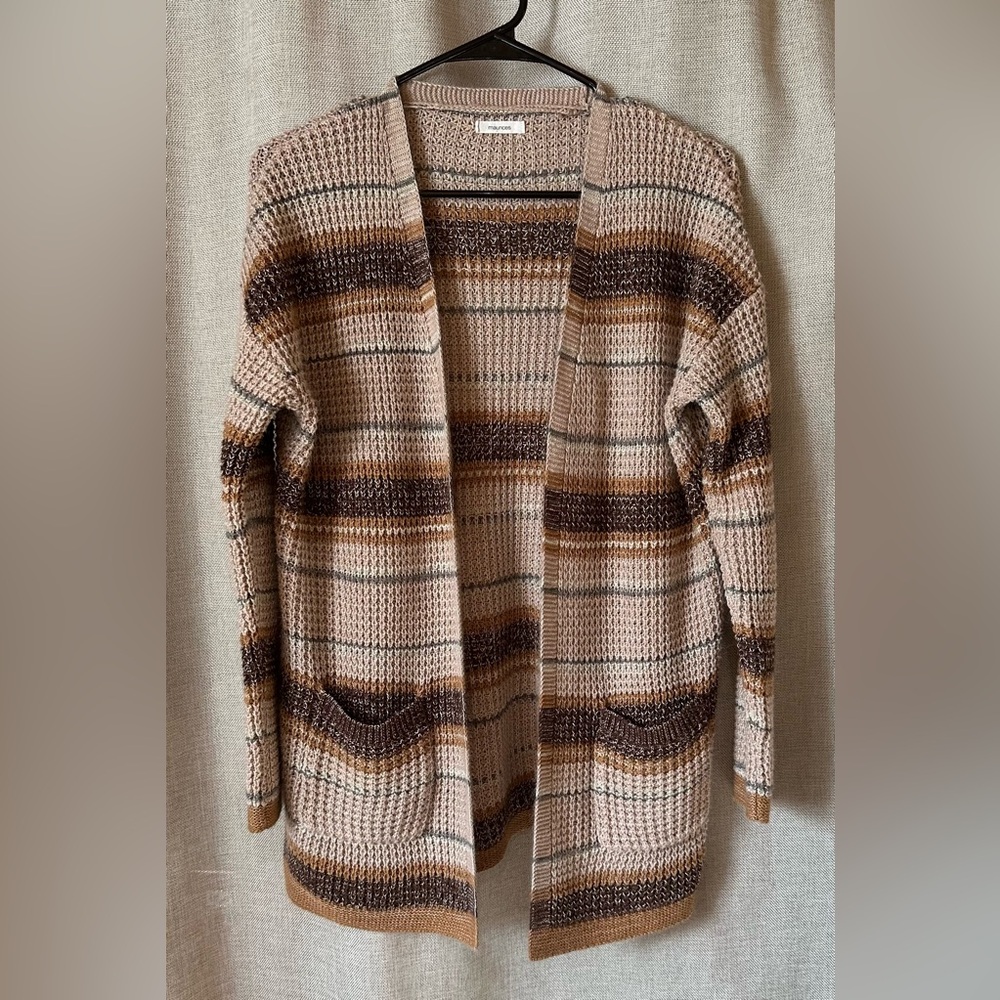 Maurices•women’s knit cardigan•small•acrylic•brown/cream/gold stripes•pockets